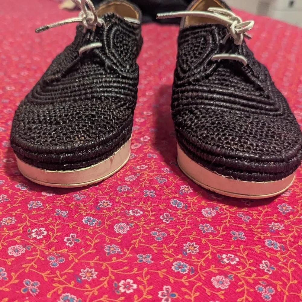 Robert Clergerie Lisa Platform Raffia‎ Shoe Black Sneaker Derby Size 37.5 Boho